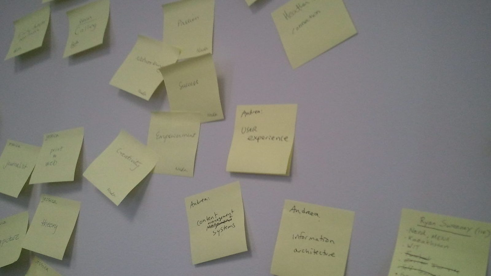 Seven paper cards laid out in a row on a light wooden desk with sticky notes and a terracotta marker